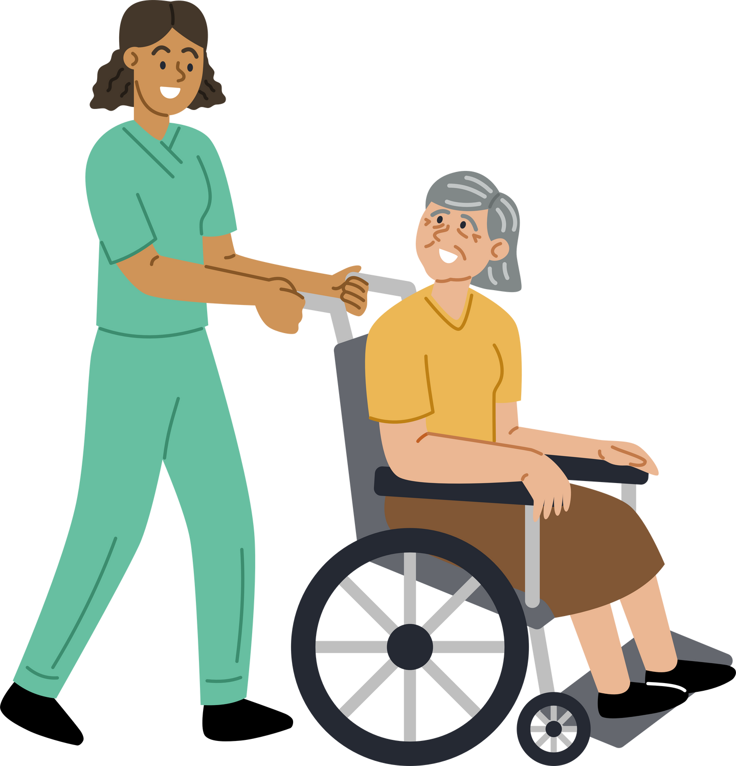 A female doctor or nurse is pushing a wheelchair for an elderly female patient.