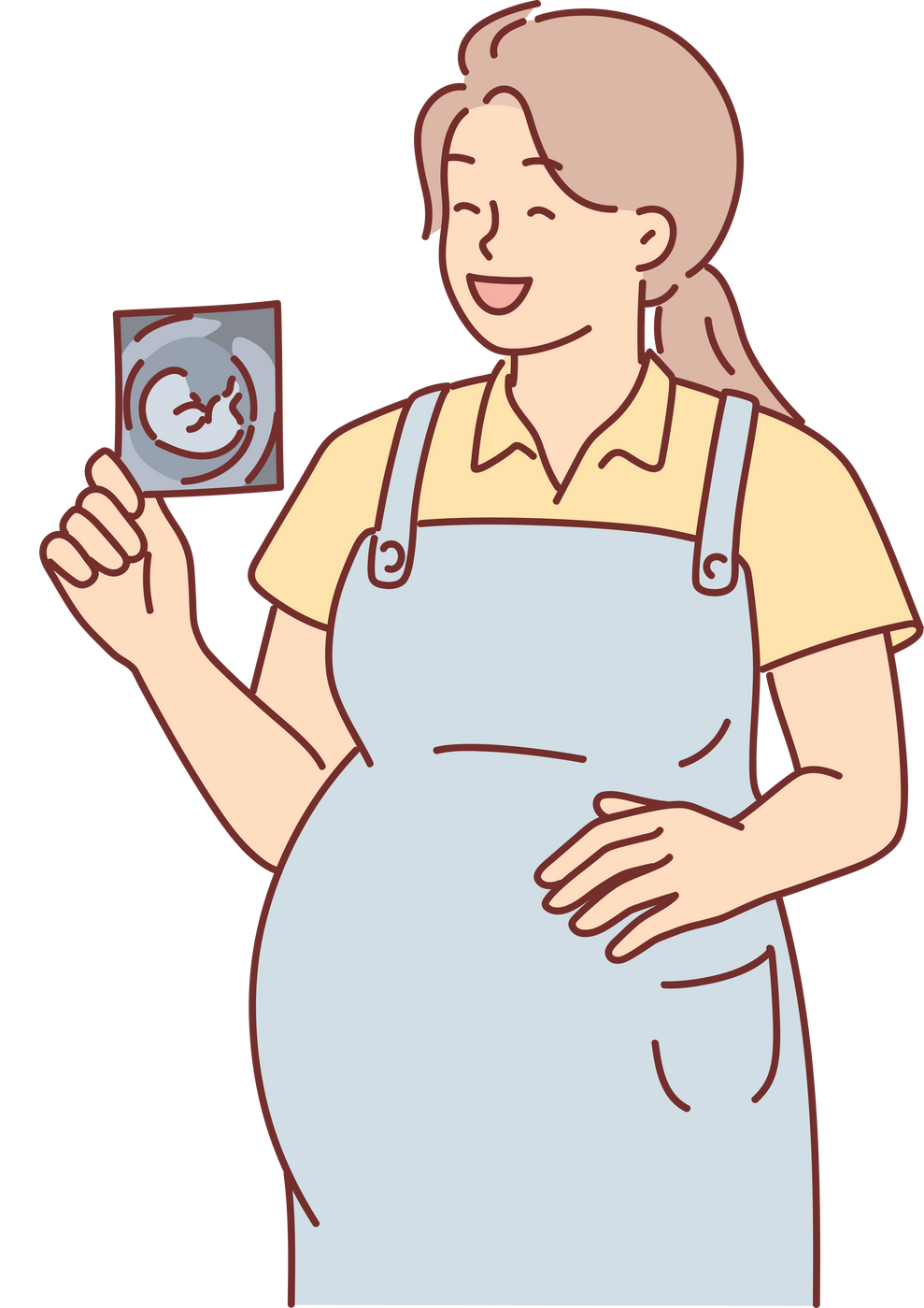 Pregnant woman holds ultrasound picture and laughs rejoicing at imminent birth of son or daughter